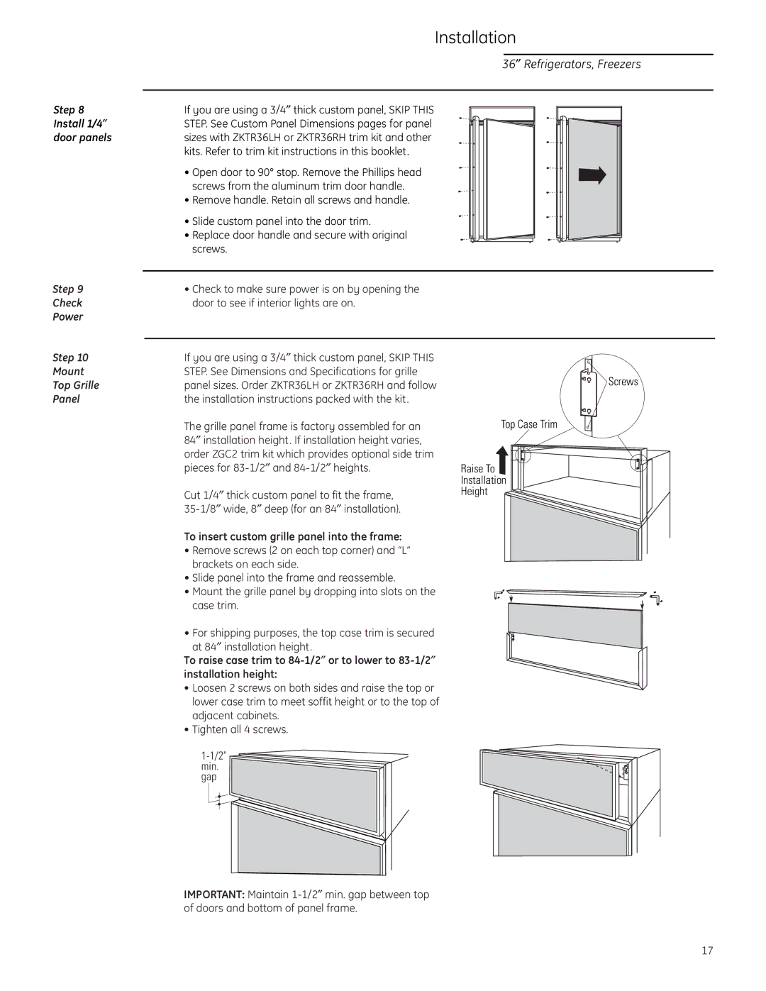 GE ZIF36N RH, ZIR36N LH, ZIR36N RH, ZIF36N LH Install 1/4″, Door panels, Check, Power Step, Mount, Top Grille, Panel 