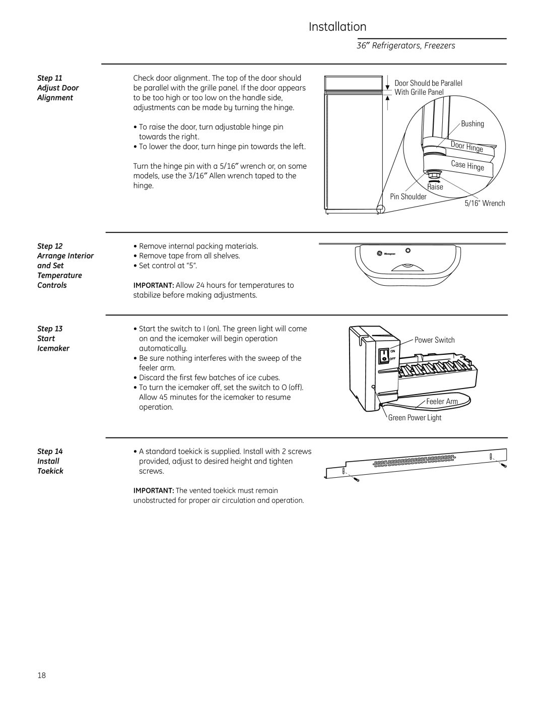 GE ZIR36N RH, ZIR36N LH Adjust Door, Alignment, Arrange Interior, Set, Temperature Controls, Start, Icemaker, Toekick 