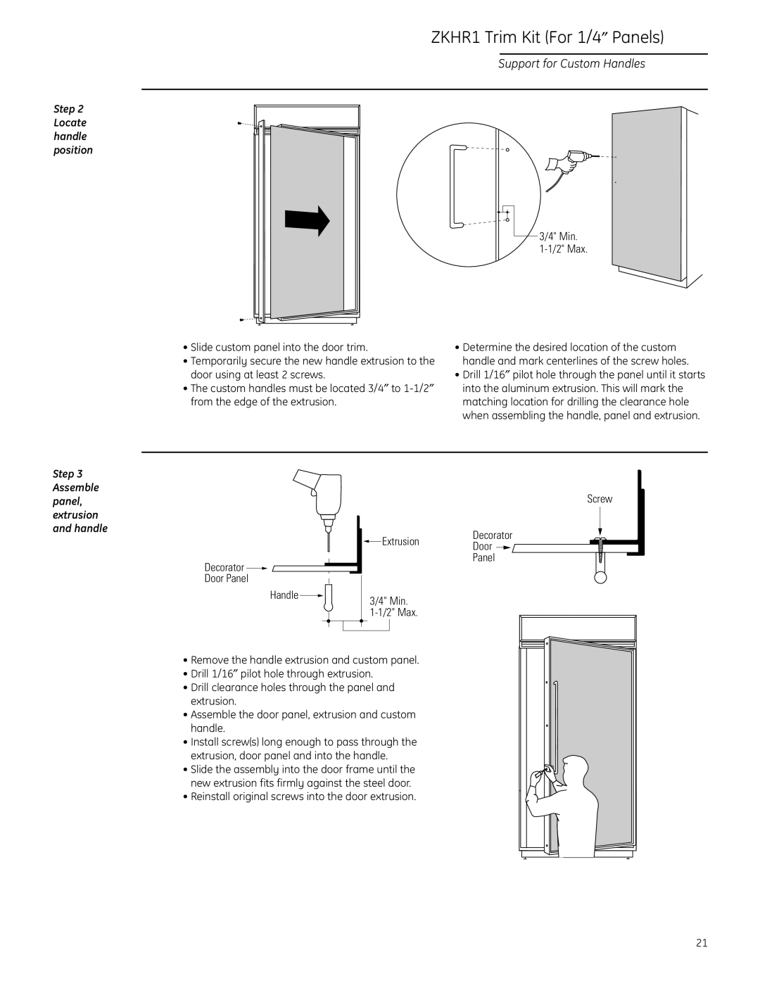 GE ZIF36N RH, ZIR36N LH, ZIR36N RH ZKHR1 Trim Kit For 1/4″ Panels, Locate handle position, Door using at least 2 screws 