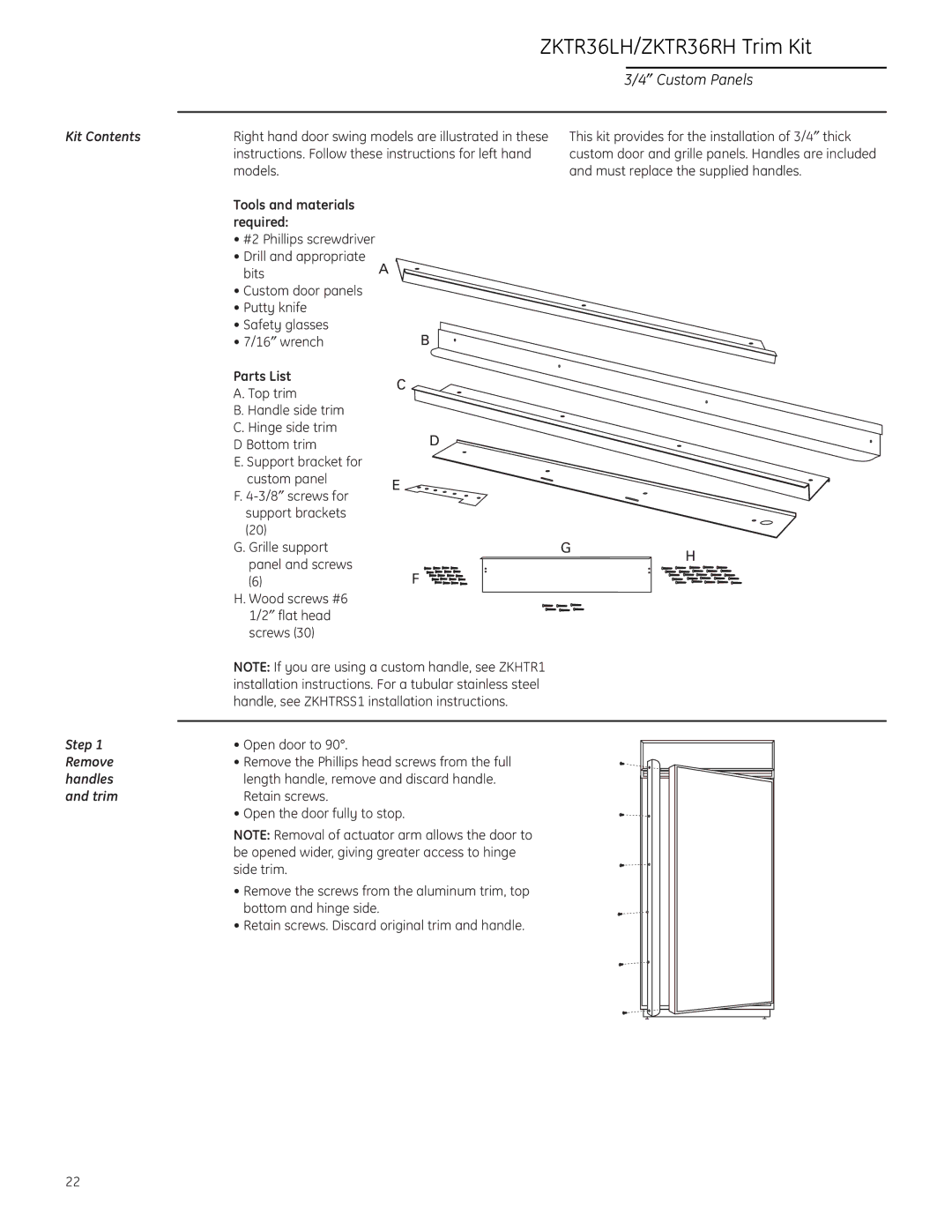 GE ZIR36N RH, ZIR36N LH, ZIF36N RH, ZIF36N LH installation instructions ZKTR36LH/ZKTR36RH Trim Kit, ″ Custom Panels 