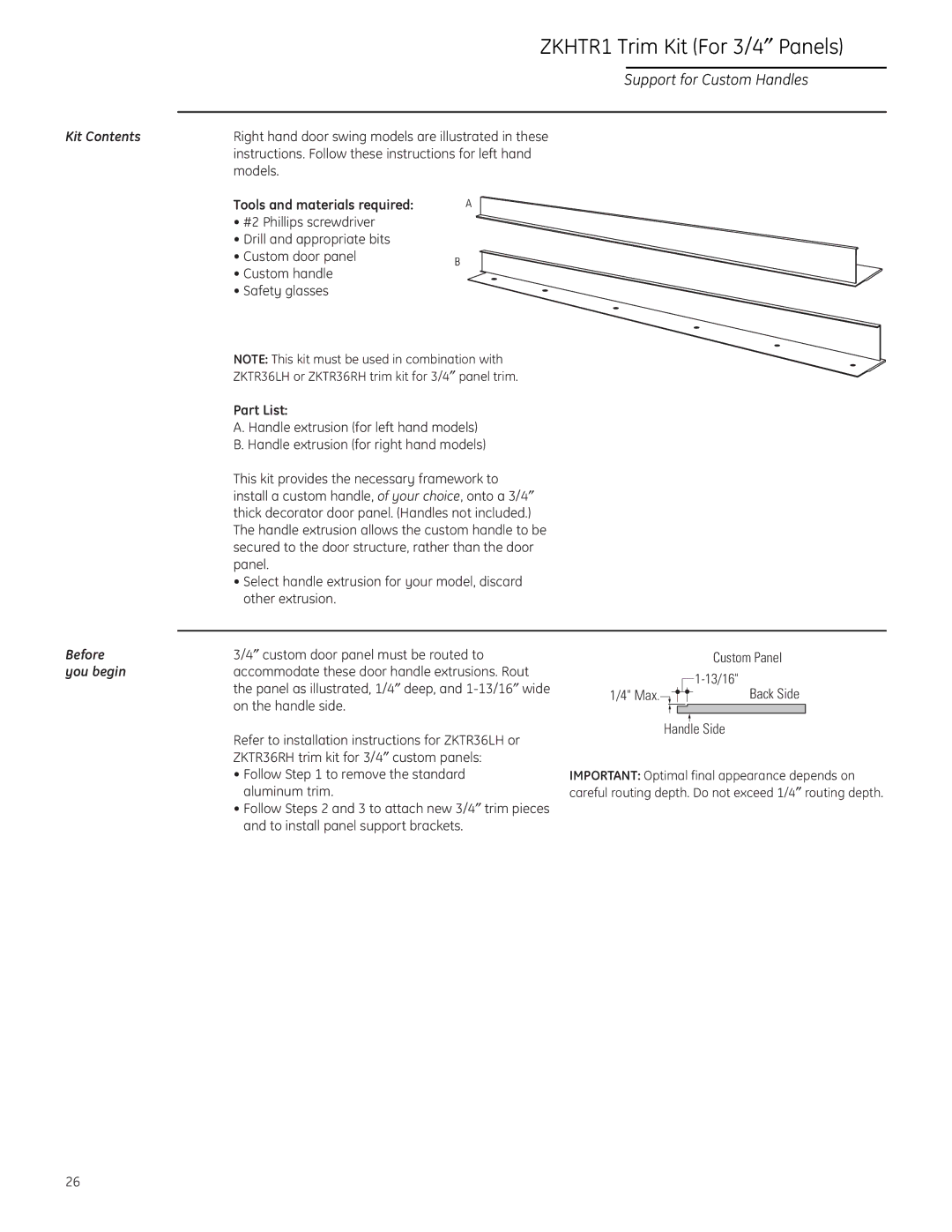 GE ZIR36N RH, ZIR36N LH ZKHTR1 Trim Kit For 3/4″ Panels, Tools and materials required, Part List, Before, You begin 