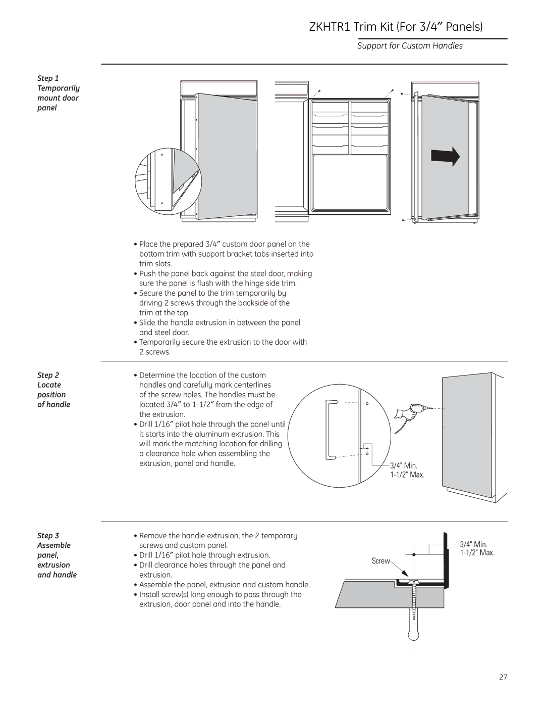 GE ZIF36N LH, ZIR36N LH, ZIF36N RH, ZIR36N RH Temporarily mount door panel, Locate, Position, Assemble, Extrusion 