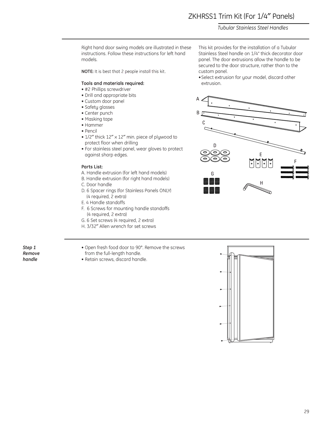 GE ZIF36N RH, ZIR36N LH, ZIR36N RH, ZIF36N LH ZKHRSS1 Trim Kit For 1/4″ Panels, Tubular Stainless Steel Handles 