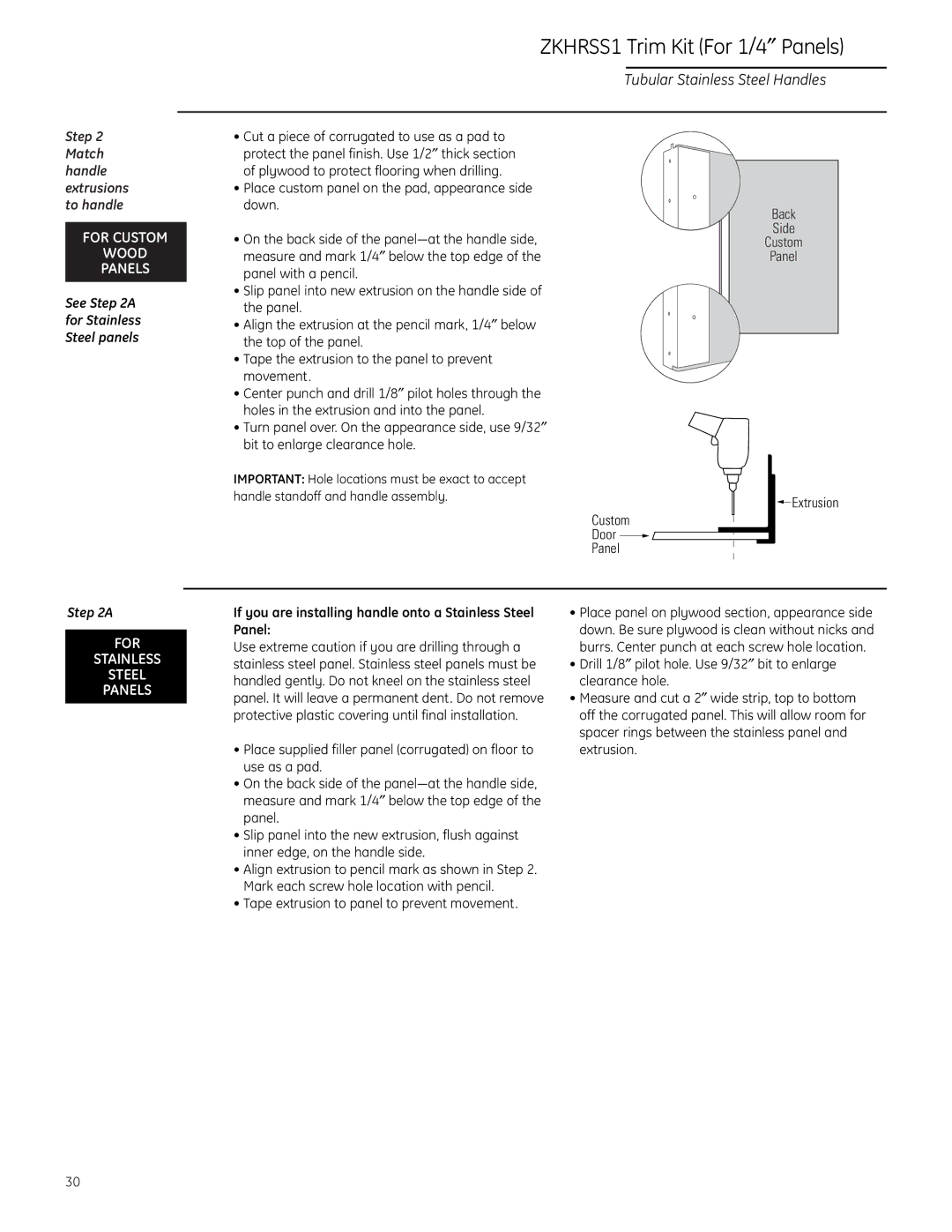 GE ZIR36N RH, ZIR36N LH, ZIF36N RH Step Match handle extrusions to handle, On the back side of the panel-at the handle side 