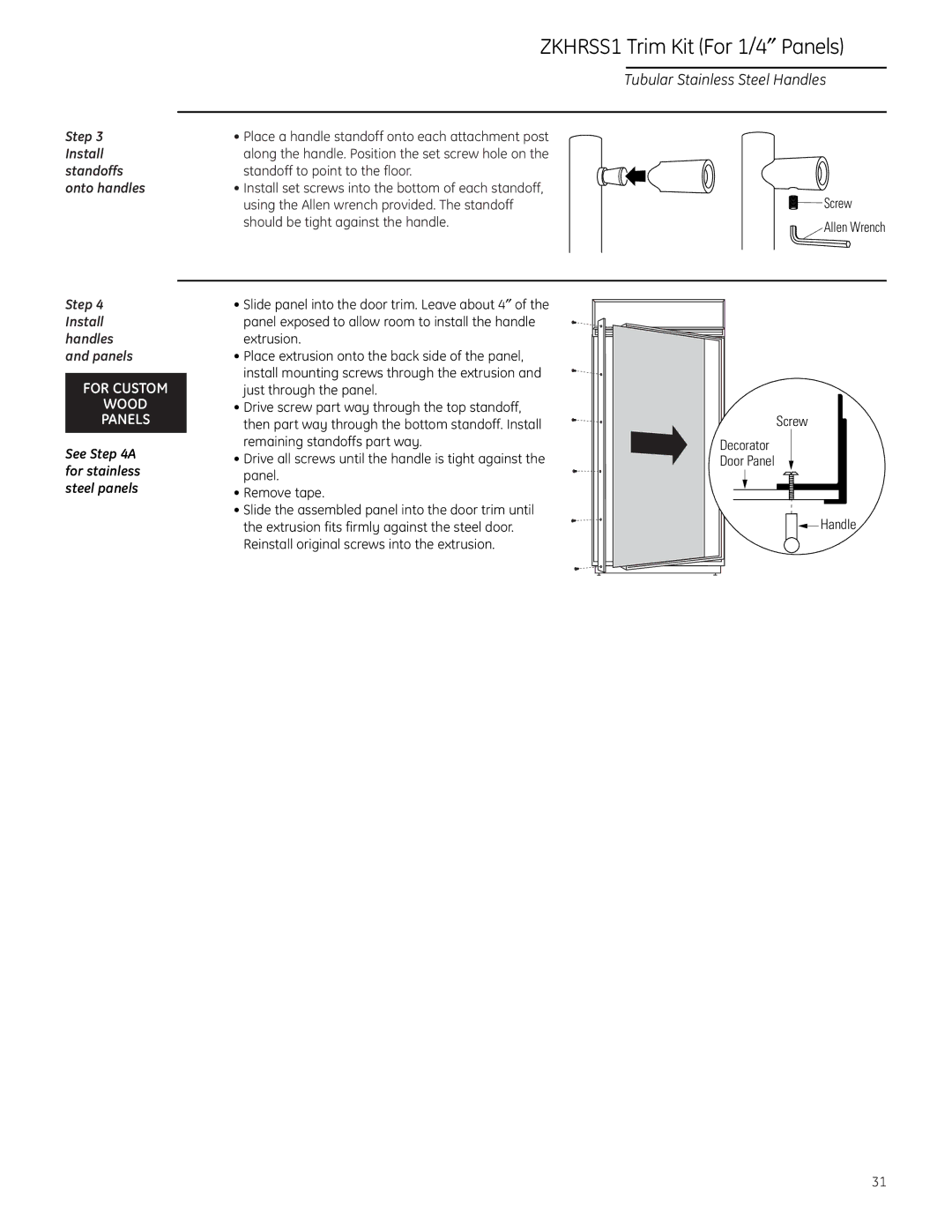 GE ZIF36N LH, ZIR36N LH, ZIF36N RH Step Install standoffs onto handles, Step Install handles and panels, Decorator 