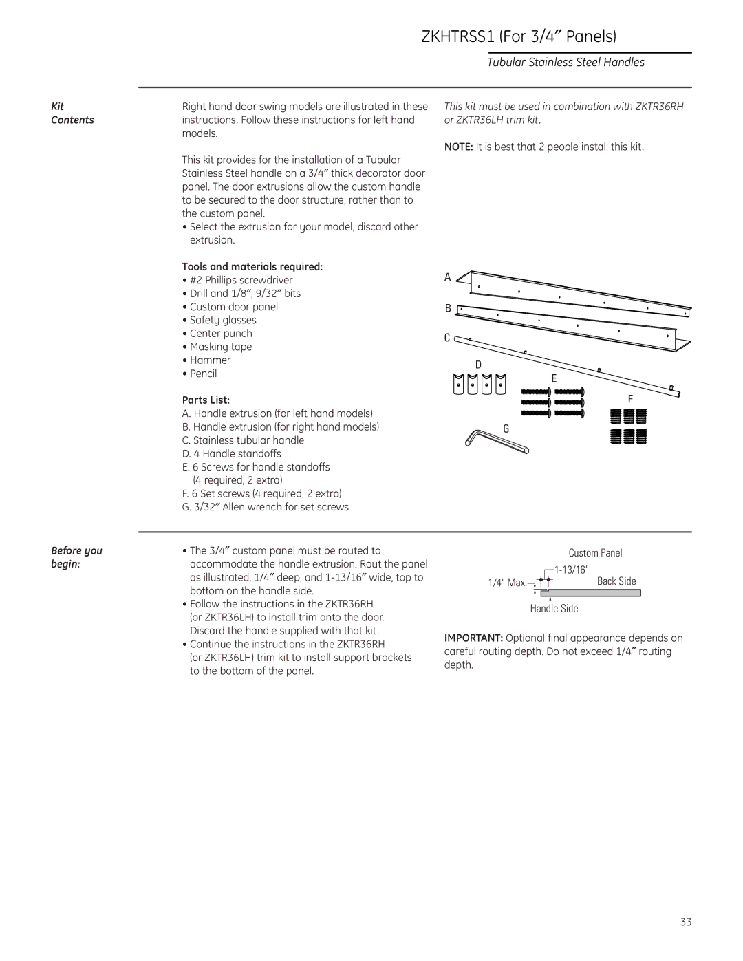 GE ZIF36N RH, ZIR36N LH, ZIR36N RH, ZIF36N LH installation instructions ZKHTRSS1 For 3/4″ Panels, Kit, Before you, Begin 