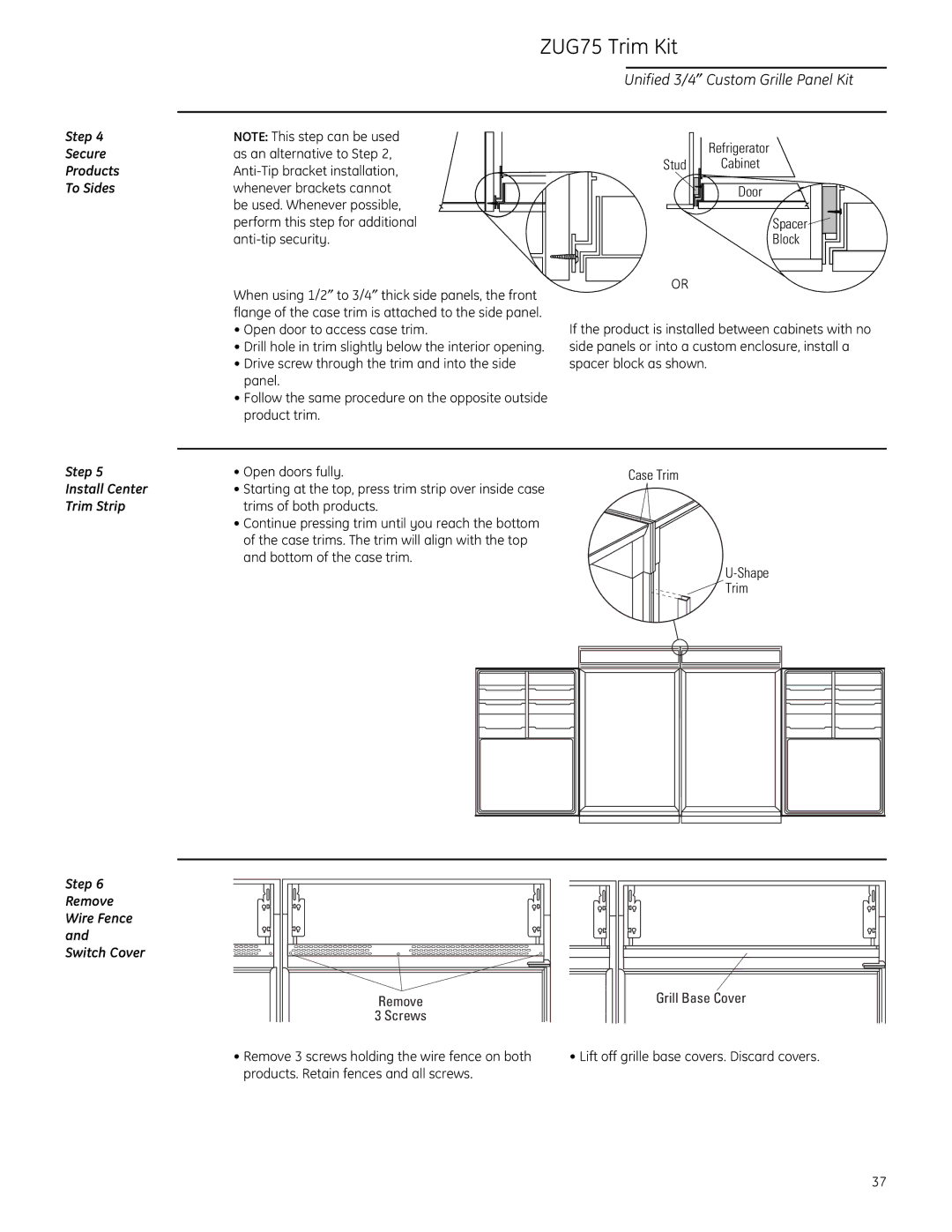 GE ZIF36N RH, ZIR36N LH, ZIR36N RH, ZIF36N LH Install Center, Trim Strip, Step Remove Wire Fence and Switch Cover 