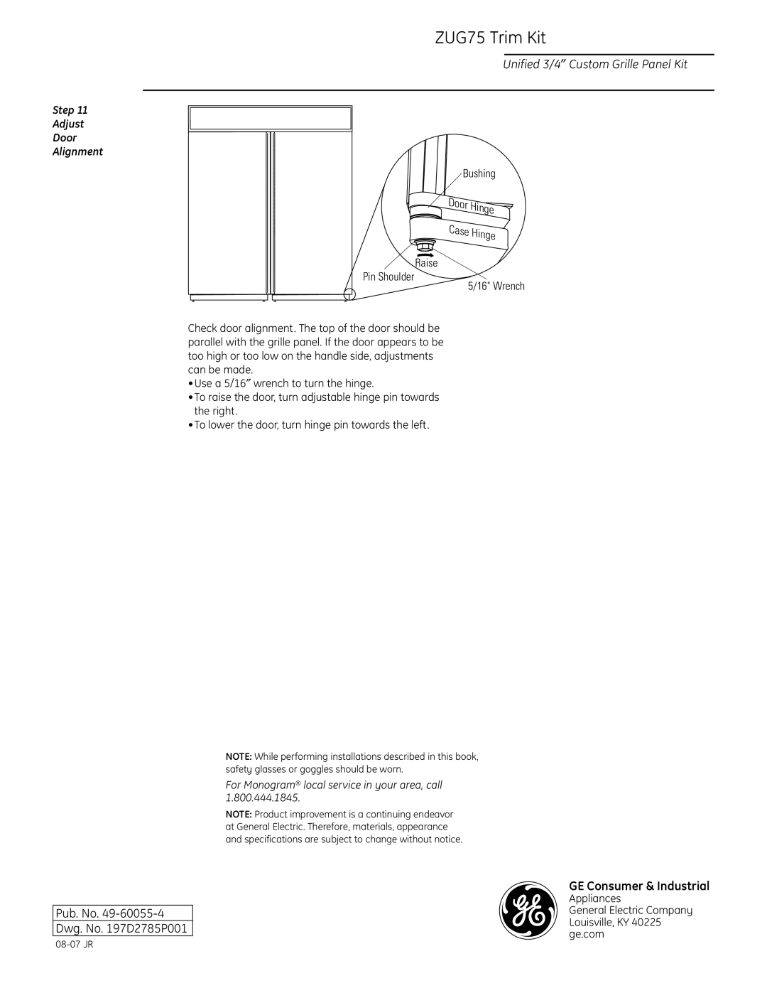 GE ZIR36N LH, ZIF36N RH, ZIR36N RH, ZIF36N LH installation instructions Step Adjust Door Alignment, Bushing 