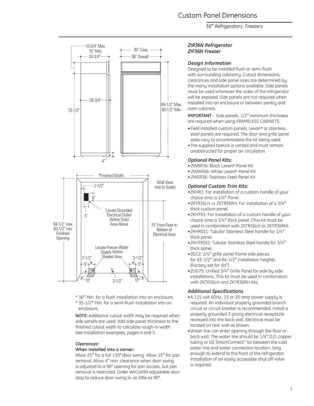 GE ZIF36N LH, ZIR36N LH, ZIF36N RH, ZIR36N RH installation instructions Custom Panel Dimensions, Clearances 