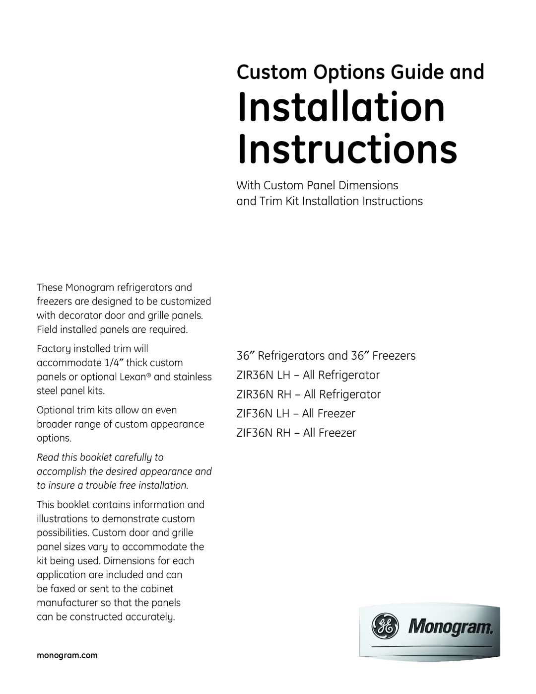 GE ZIF36N RH, ZIR36N RH installation instructions 36″ Refrigerators and 36″ Freezers, ZIR36N LH – All Refrigerator 