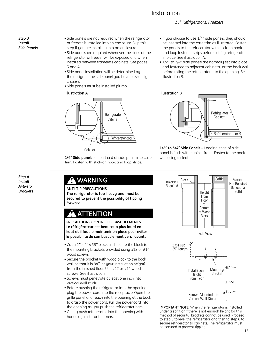 GE ZIF36N LH Installation, 36″ Refrigerators, Freezers, Step Install Side Panels, Illustration A, Illustration B 