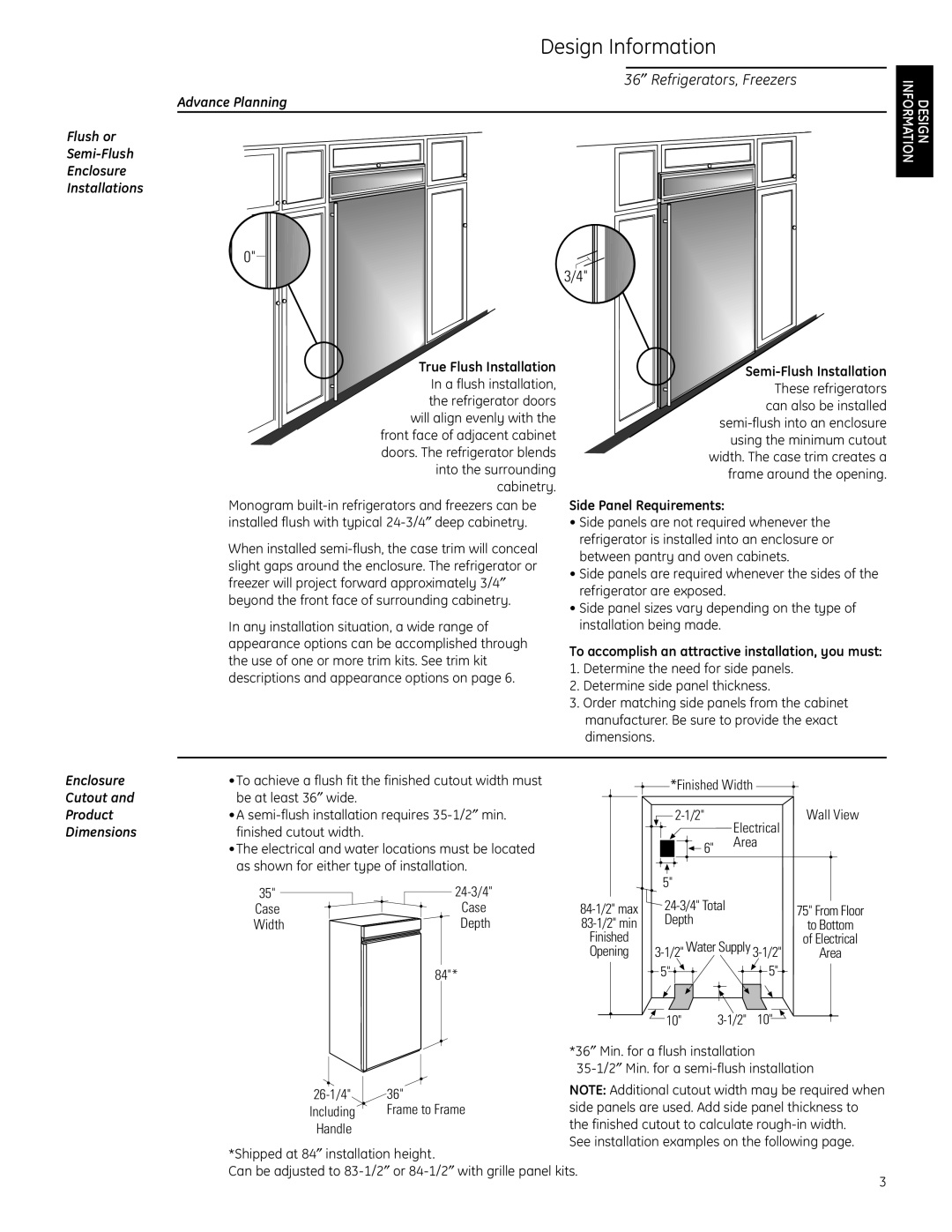 GE ZIF36N LH, ZIR36N LH, ZIF36N RH, ZIR36N RH installation instructions Design Information, 36″ Refrigerators, Freezers, 03/4 