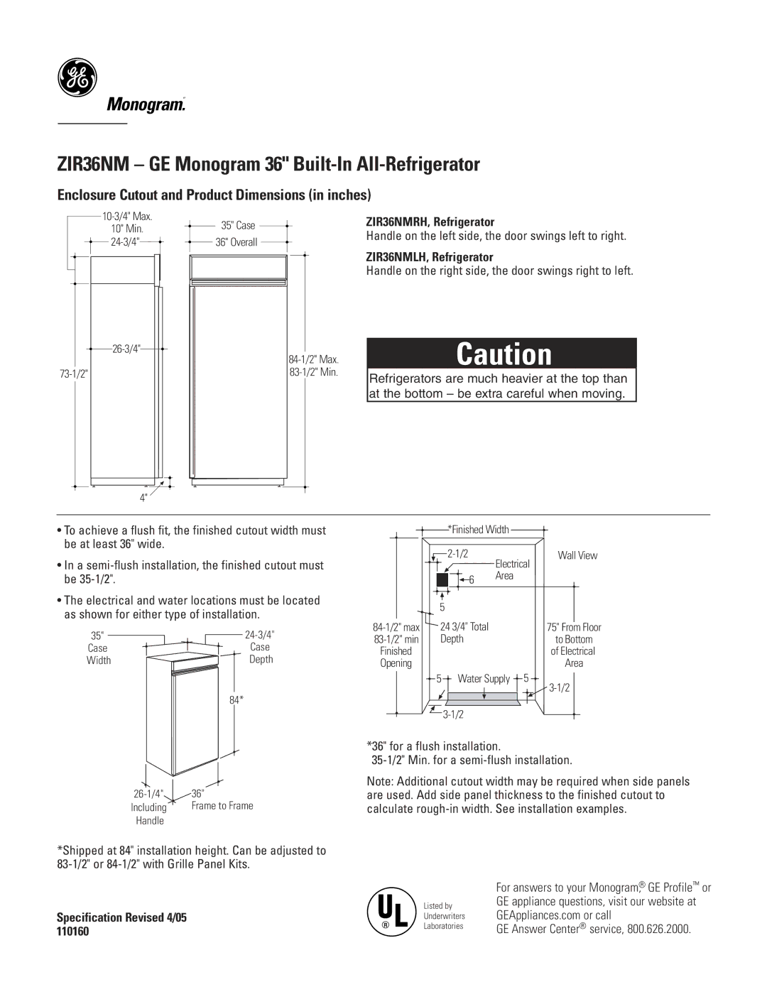 GE dimensions Enclosure Cutout and Product Dimensions in inches, ZIR36NMRH, Refrigerator, ZIR36NMLH, Refrigerator 