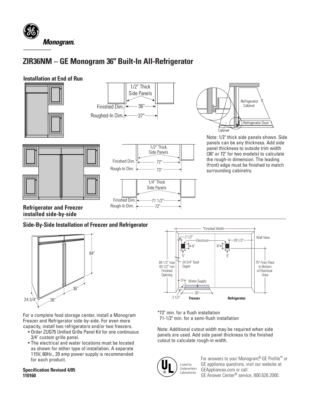 GE ZIR36NM dimensions Installation at End of Run, Refrigerator and Freezer installed side-by-side 