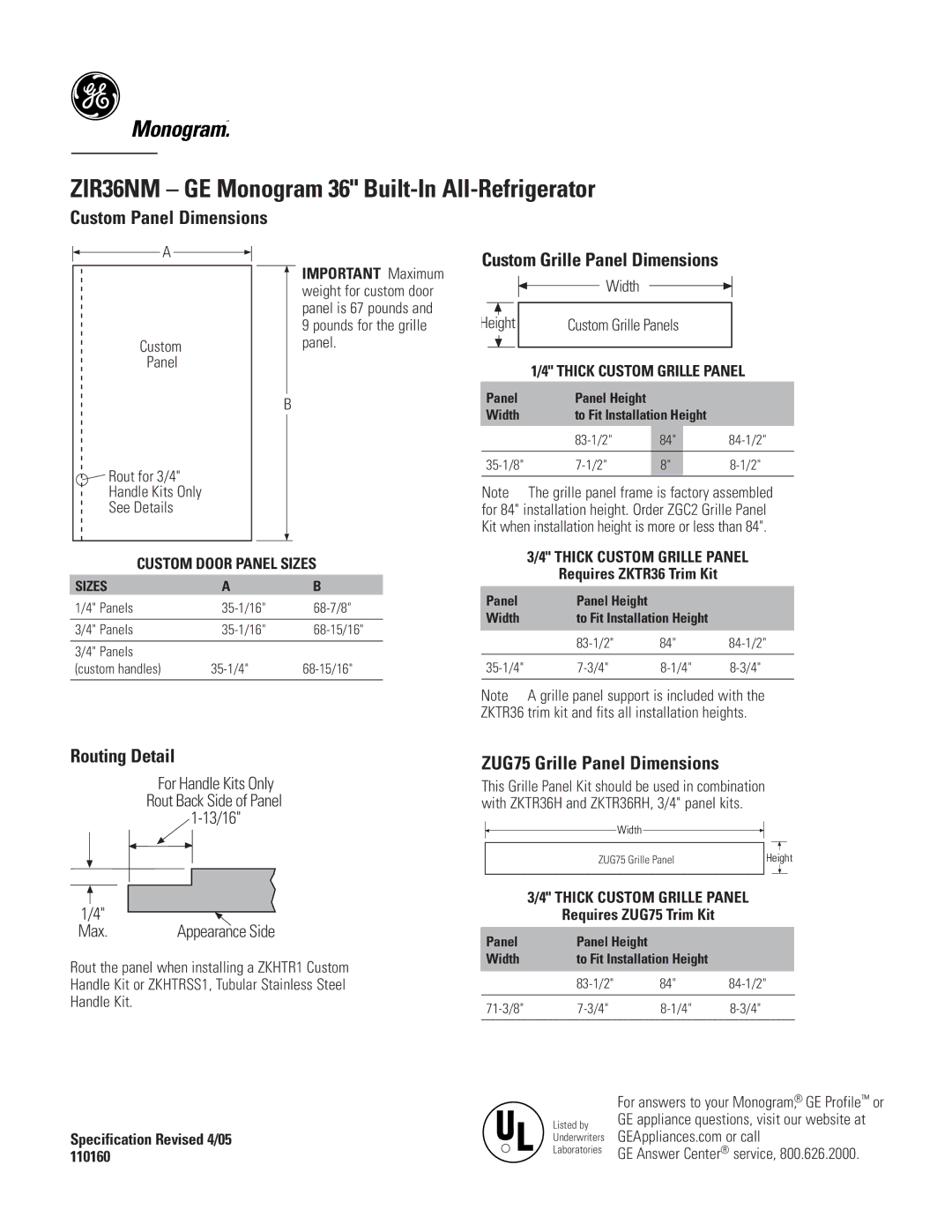 GE ZIR36NM Custom Panel Dimensions, Custom Grille Panel Dimensions, Routing Detail, ZUG75 Grille Panel Dimensions 