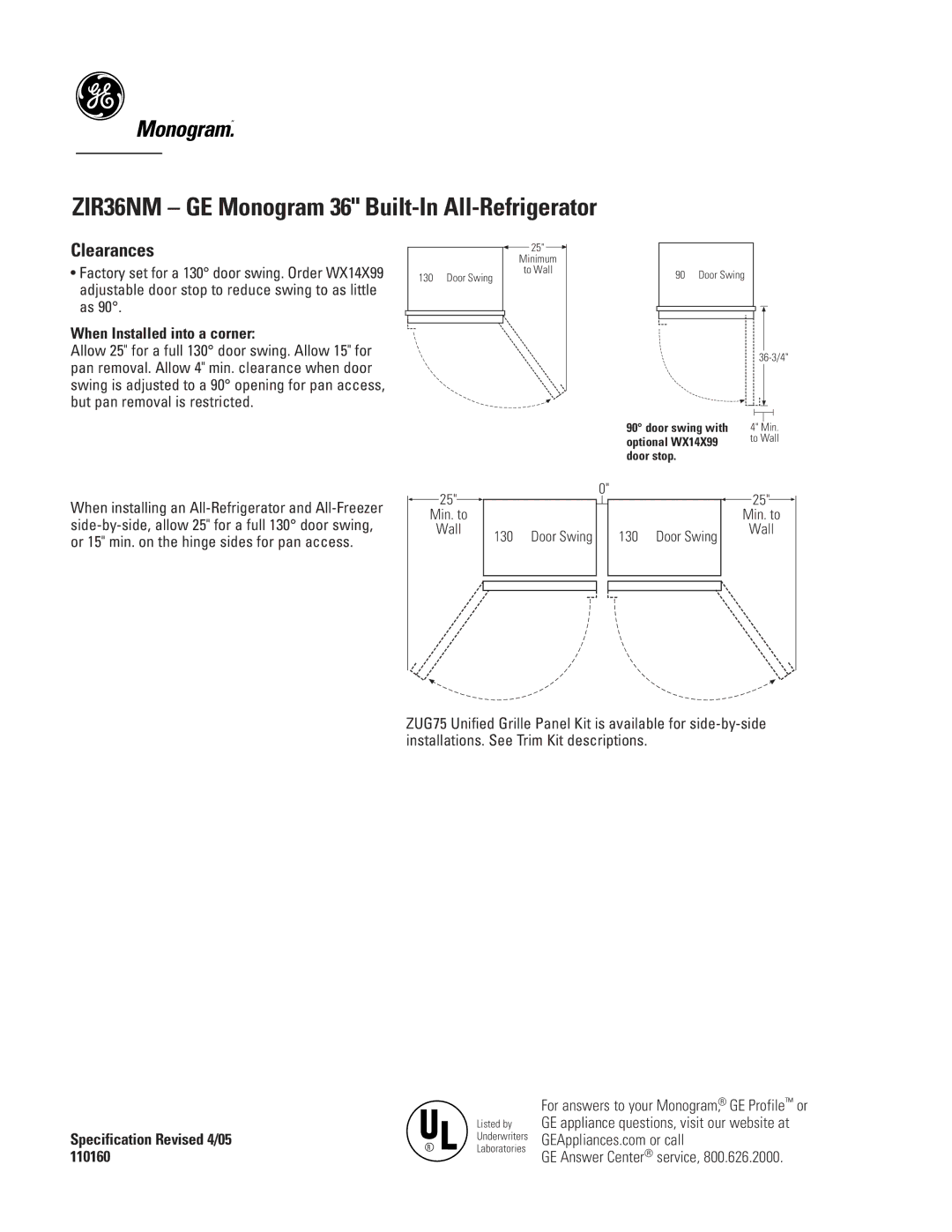 GE ZIR36NM dimensions Clearances, When Installed into a corner 