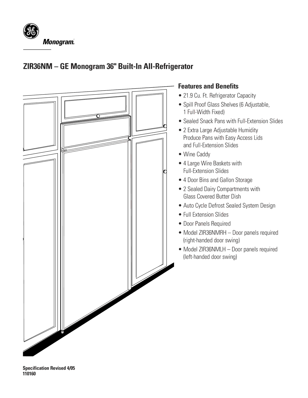 GE ZIR36NM dimensions Features and Benefits 