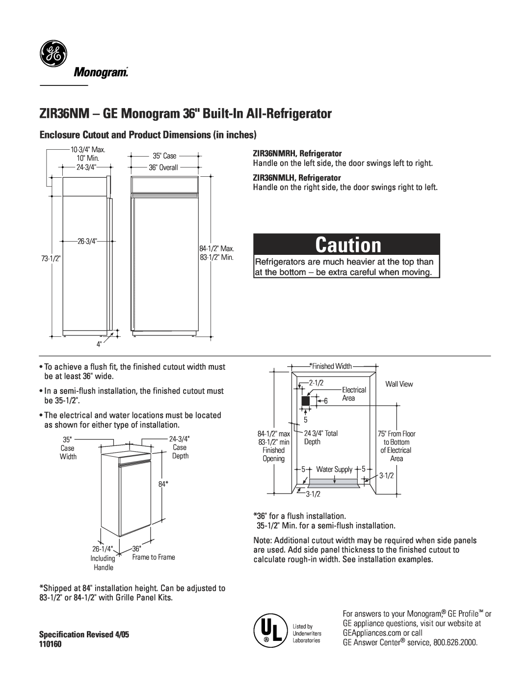 GE dimensions ZIR36NM - GE Monogram 36 Built-In All-Refrigerator, Monogram.“, ZIR36NMRH, Refrigerator 