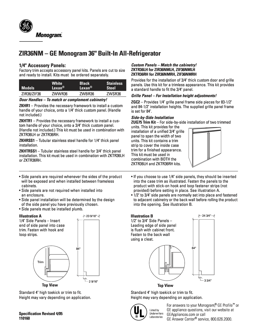 GE ZIR36NM - GE Monogram 36 Built-In All-Refrigerator, Monogram.“, 1/4 Accessory Panels, White, Black, Stainless, Lexan 