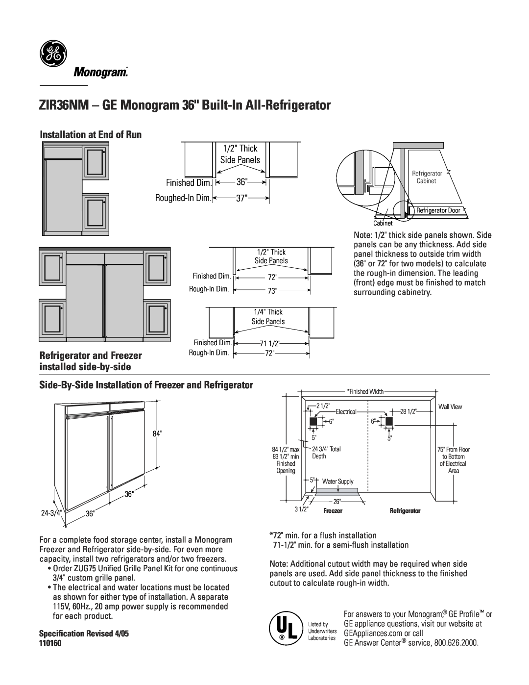 GE dimensions ZIR36NM - GE Monogram 36 Built-In All-Refrigerator, Monogram.“, Installation at End of Run 