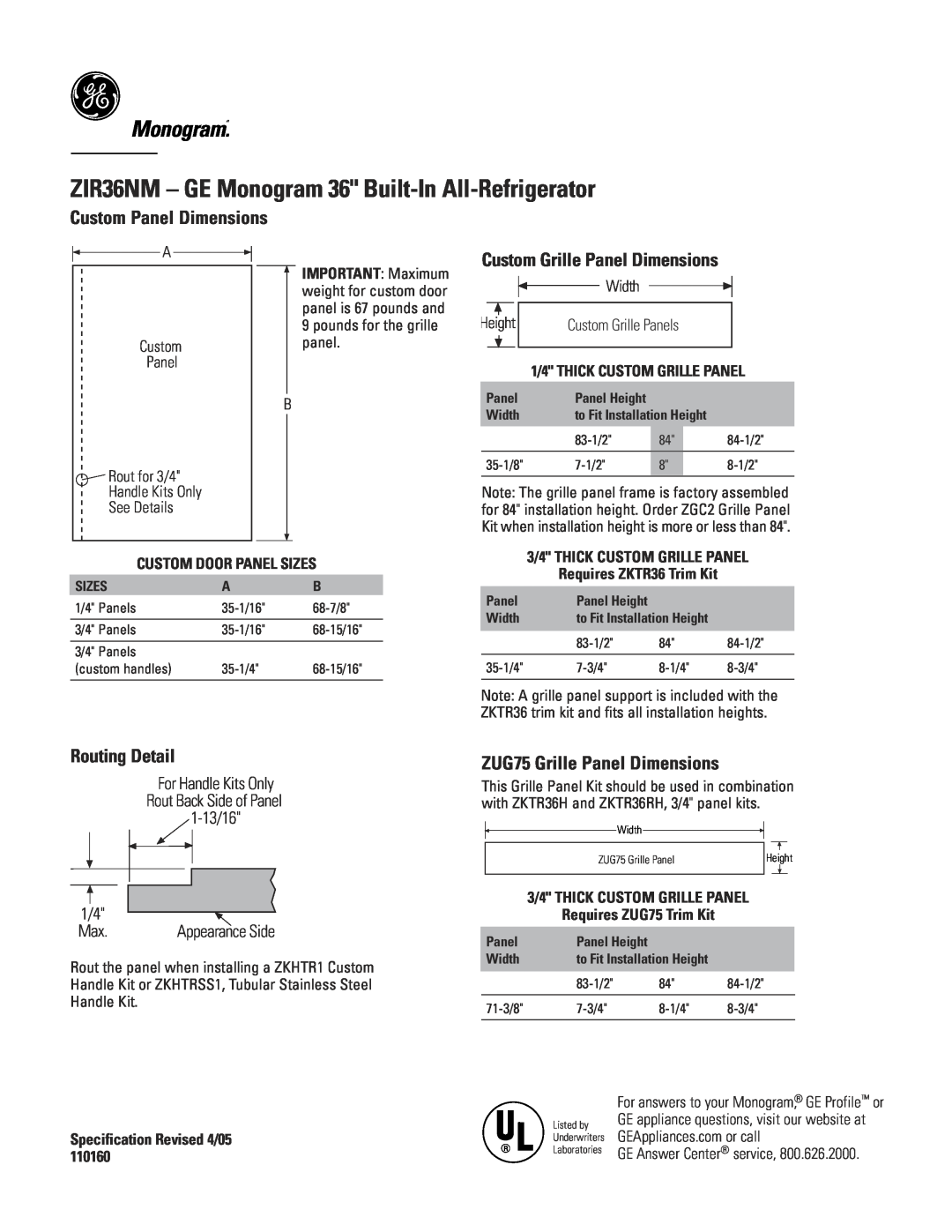 GE ZIR36NM - GE Monogram 36 Built-In All-Refrigerator, Monogram.“, Custom Panel Dimensions, Routing Detail, Width 