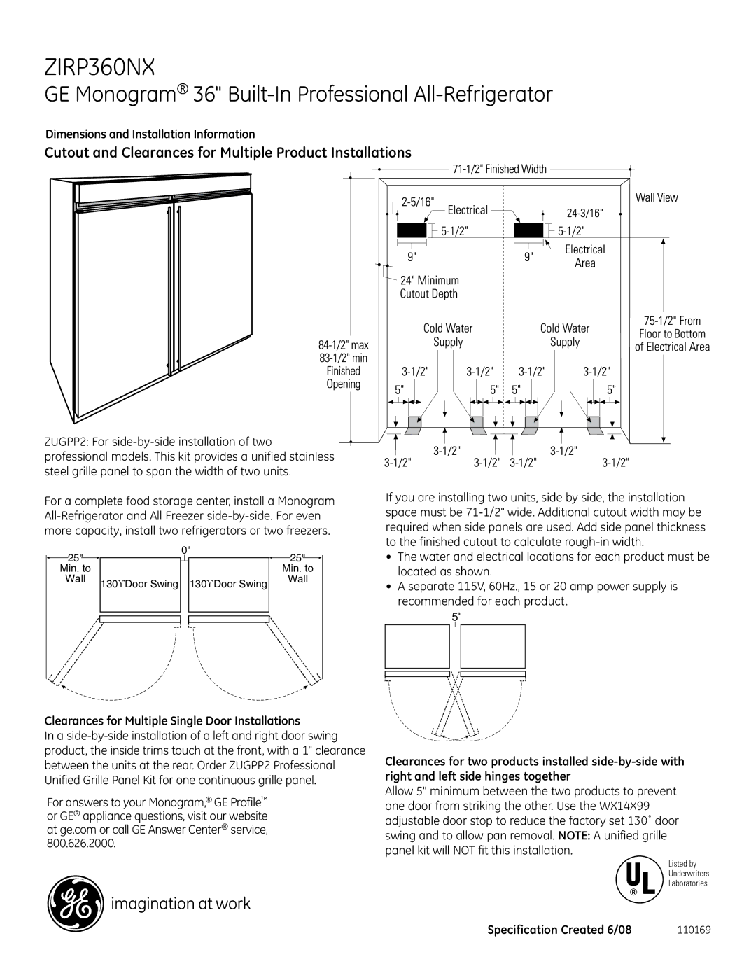 GE ZIRP360NX Cutout and Clearances for Multiple Product Installations, Clearances for Multiple Single Door Installations 