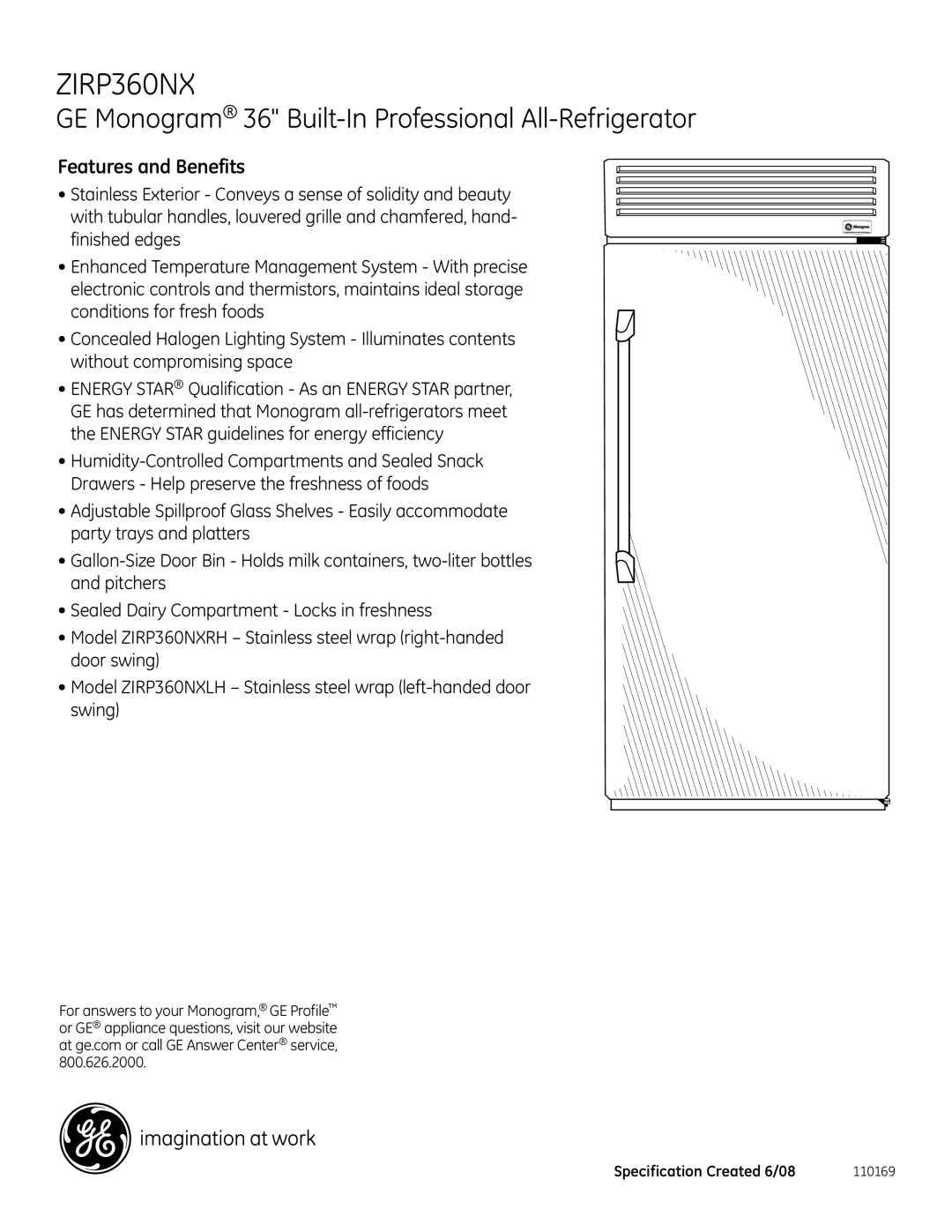 GE ZIRP360NX dimensions Features and Benefits 