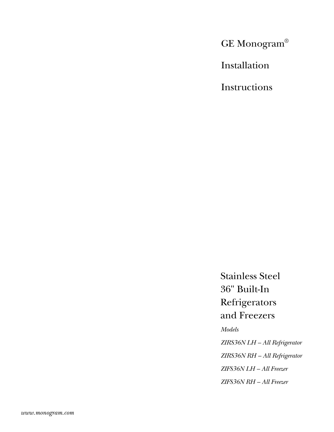 GE ZIFS36N RH, ZIRS36N RH, ZIFS36N LH, ZIRS36N LH installation instructions 