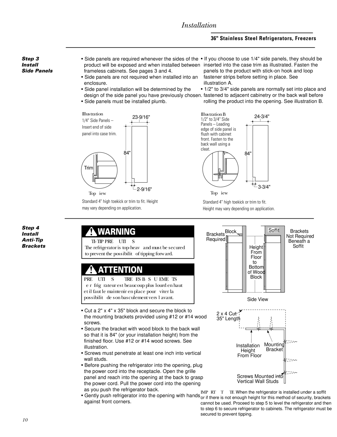 GE ZIFS36N LH, ZIRS36N RH, ZIFS36N RH, ZIRS36N LH installation instructions Step Install Side Panels, Anti-Tip Brackets 