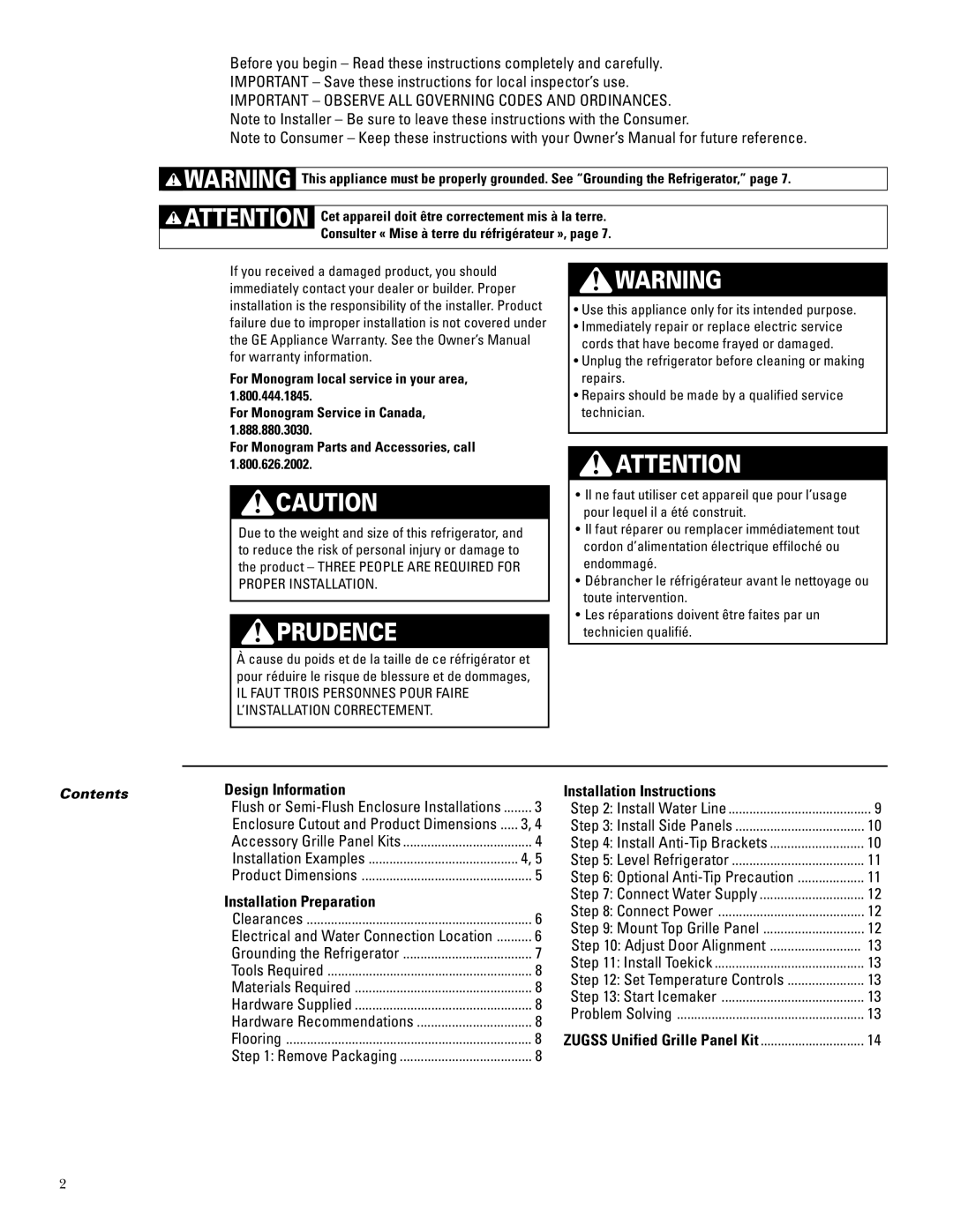 GE ZIFS36N LH, ZIRS36N RH, ZIFS36N RH, ZIRS36N LH installation instructions Contents 