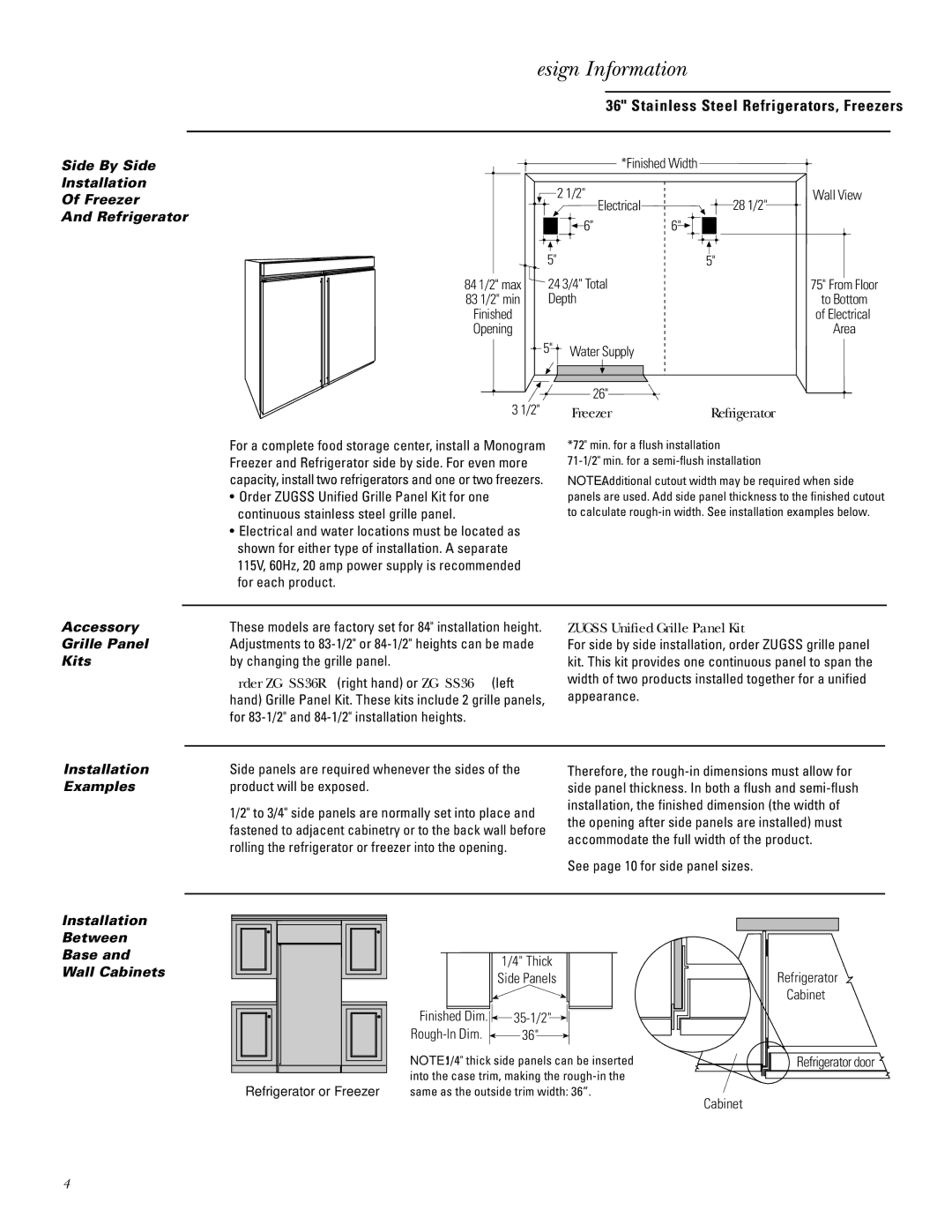 GE ZIRS36N RH, ZIFS36N RH, ZIFS36N LH Side By Side Installation Freezer Refrigerator, Accessory Grille Panel Kits, Examples 