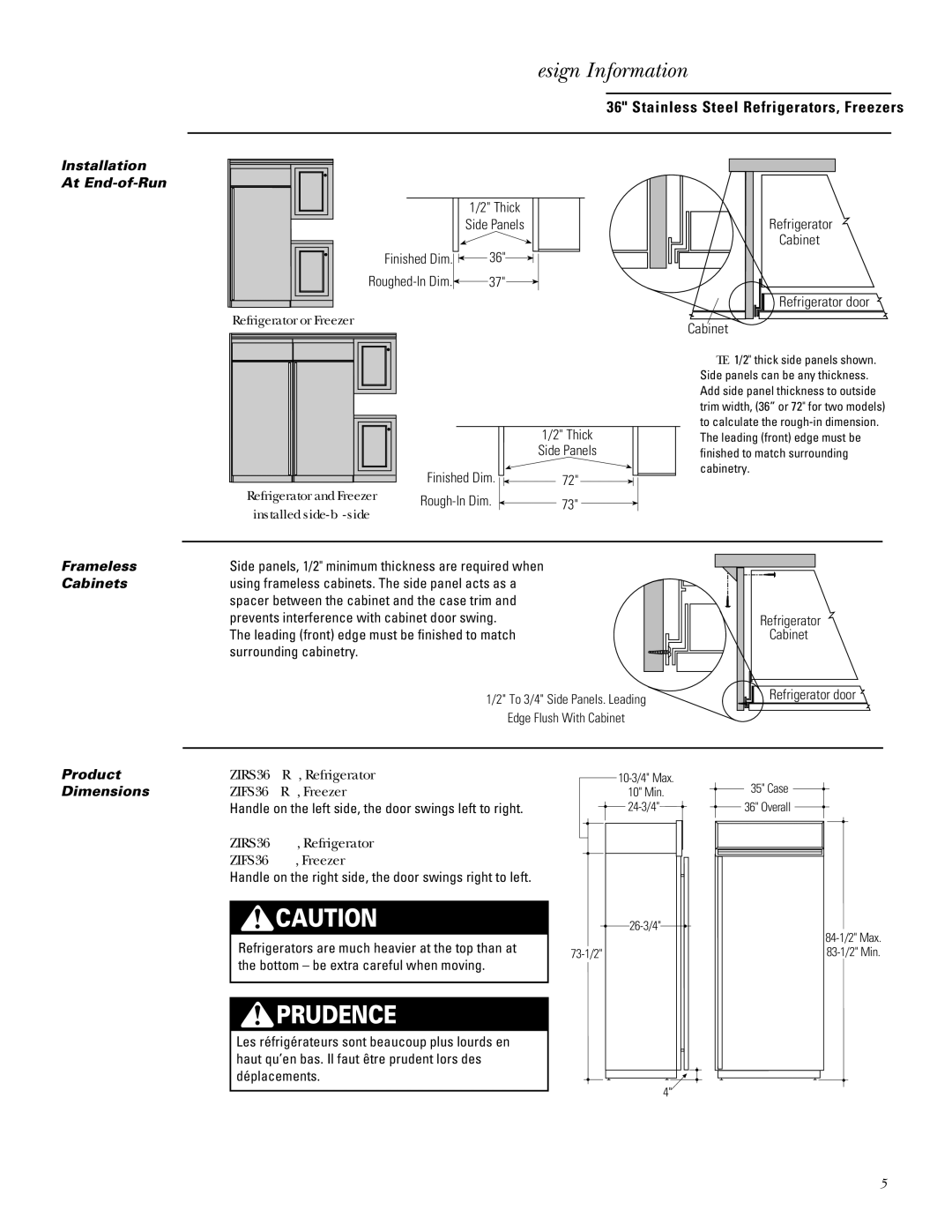 GE ZIFS36N RH, ZIRS36N RH, ZIFS36N LH, ZIRS36N LH Installation At End-of-Run, Frameless Cabinets, Product Dimensions 