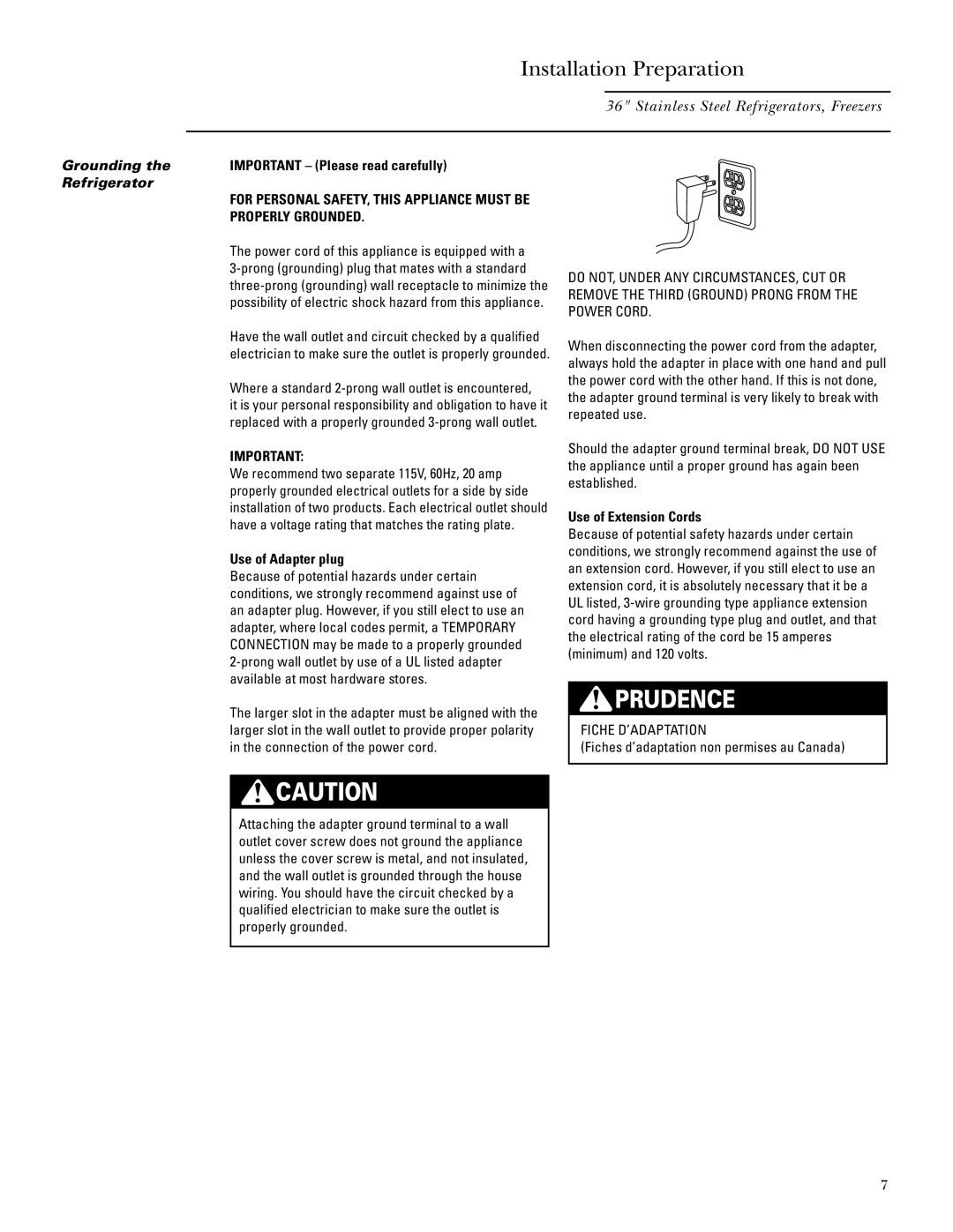 GE ZIRS36N LH, ZIRS36N RH Grounding, Important Please read carefully, Use of Adapter plug, Use of Extension Cords 