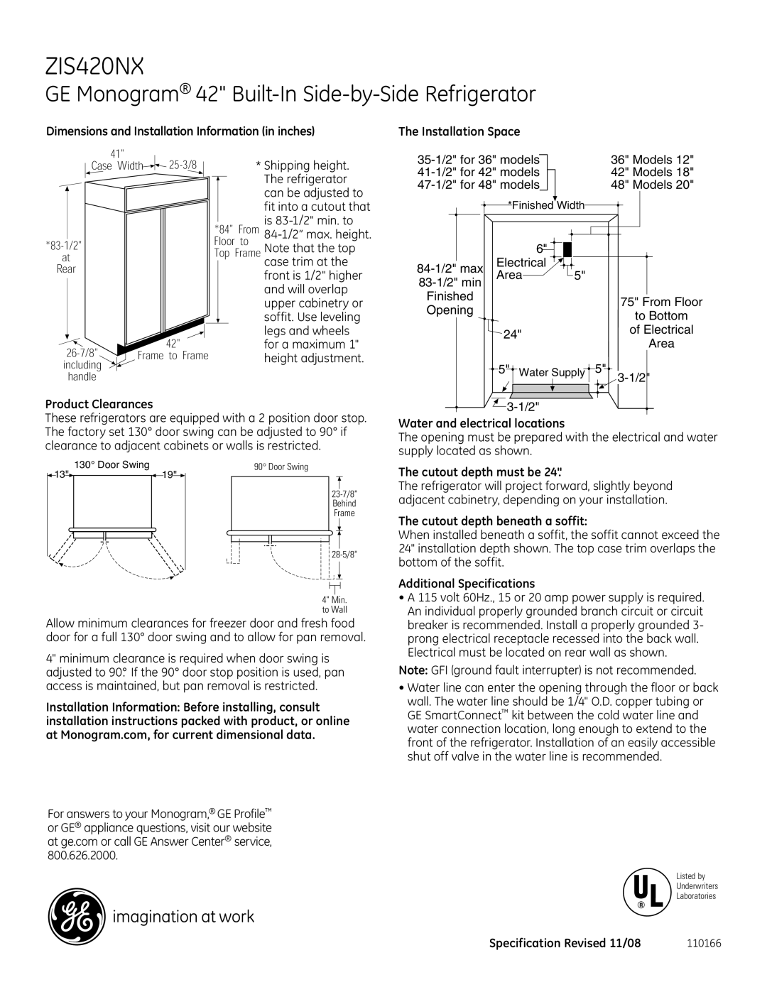 GE ZIS420NX dimensions Product Clearances, Water and electrical locations, Cutout depth must be, Additional Specifications 