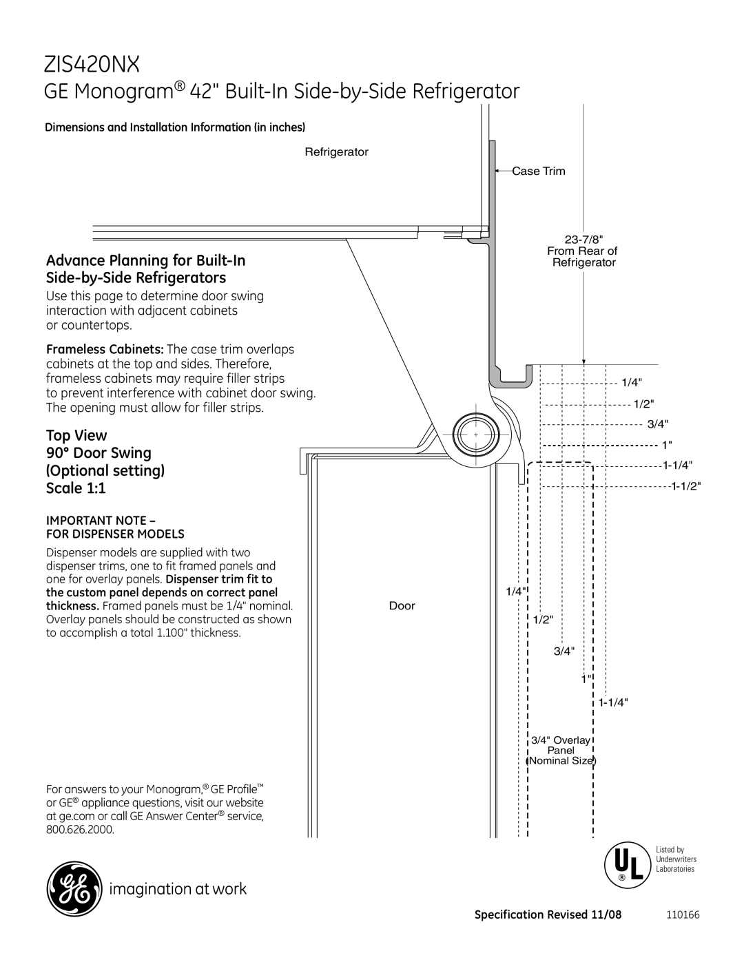 GE ZIS420NX dimensions Advance Planning for Built-In Side-by-Side Refrigerators, Door Swing Optional setting Scale 