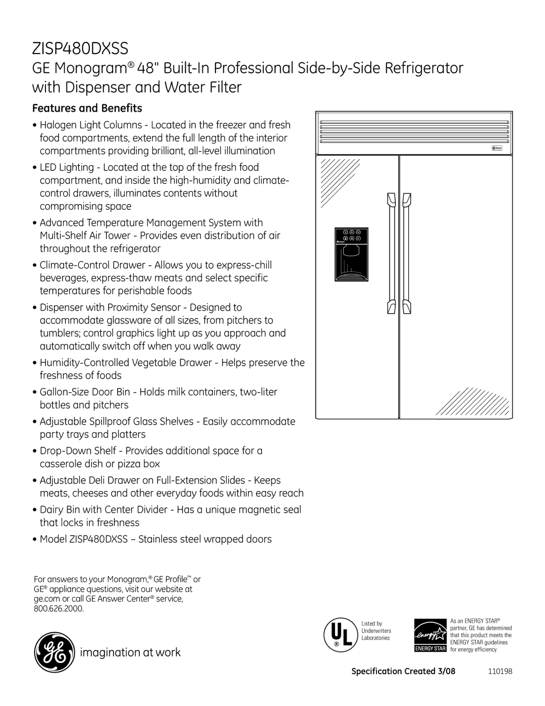 GE ZISP480DXSS dimensions Features and Benefits 