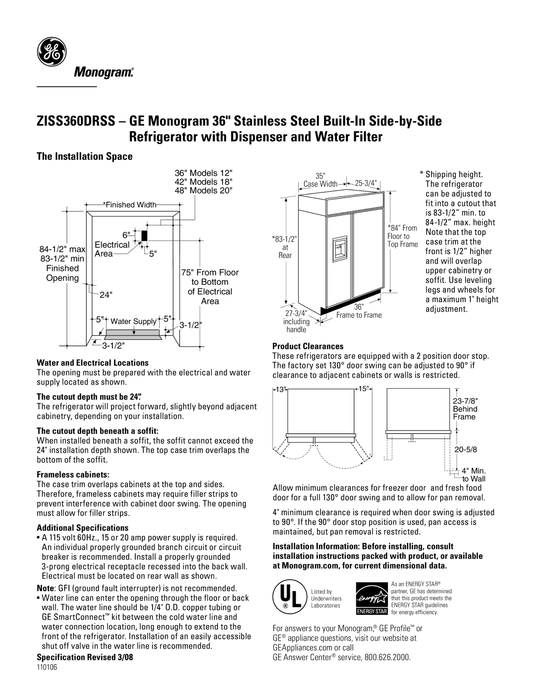 GE ZISS360DRSS specifications Installation Space 