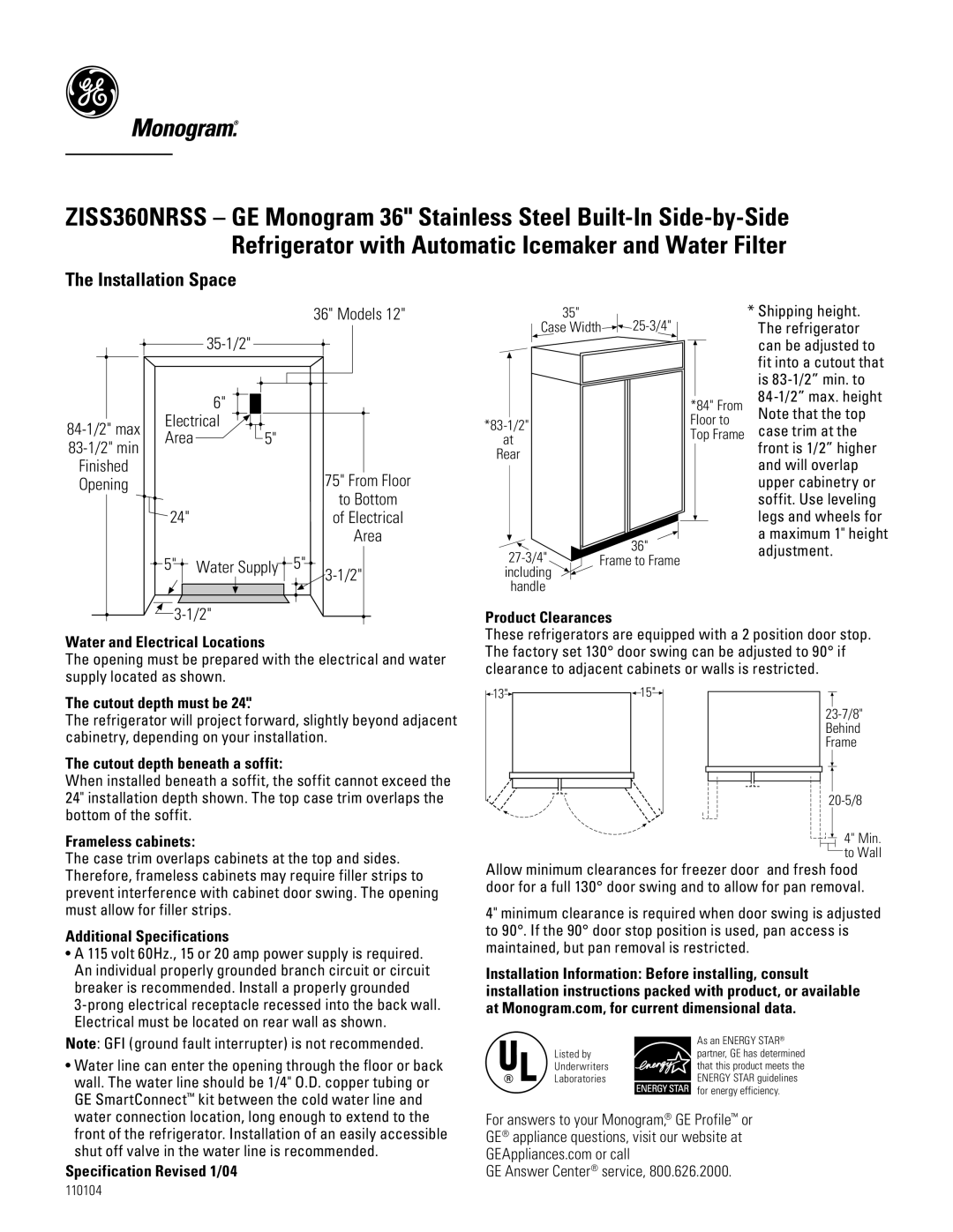 GE ZISS360NRSS specifications Water and Electrical Locations, Cutout depth must be, Cutout depth beneath a soffit 