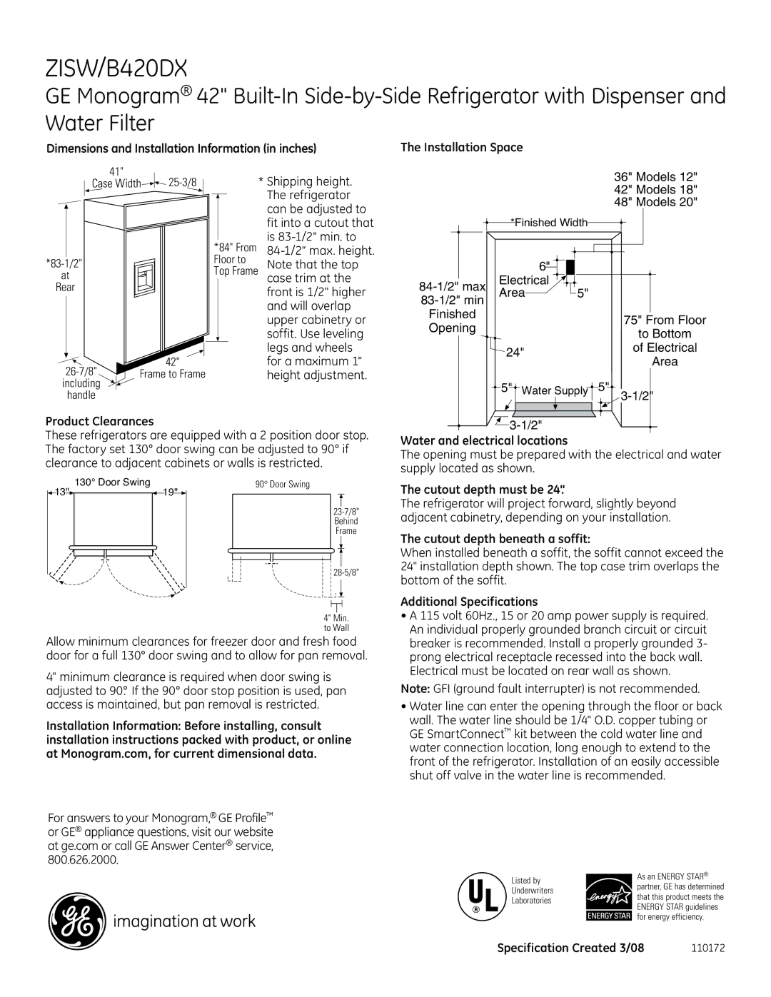 GE B420DX dimensions Product Clearances, Water and electrical locations, Cutout depth must be, Additional Specifications 