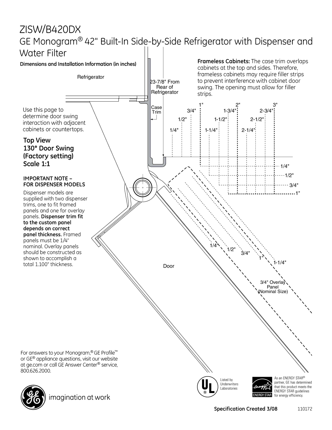 GE B420DX, ZISW dimensions Top View, Door Swing Factory setting Scale 