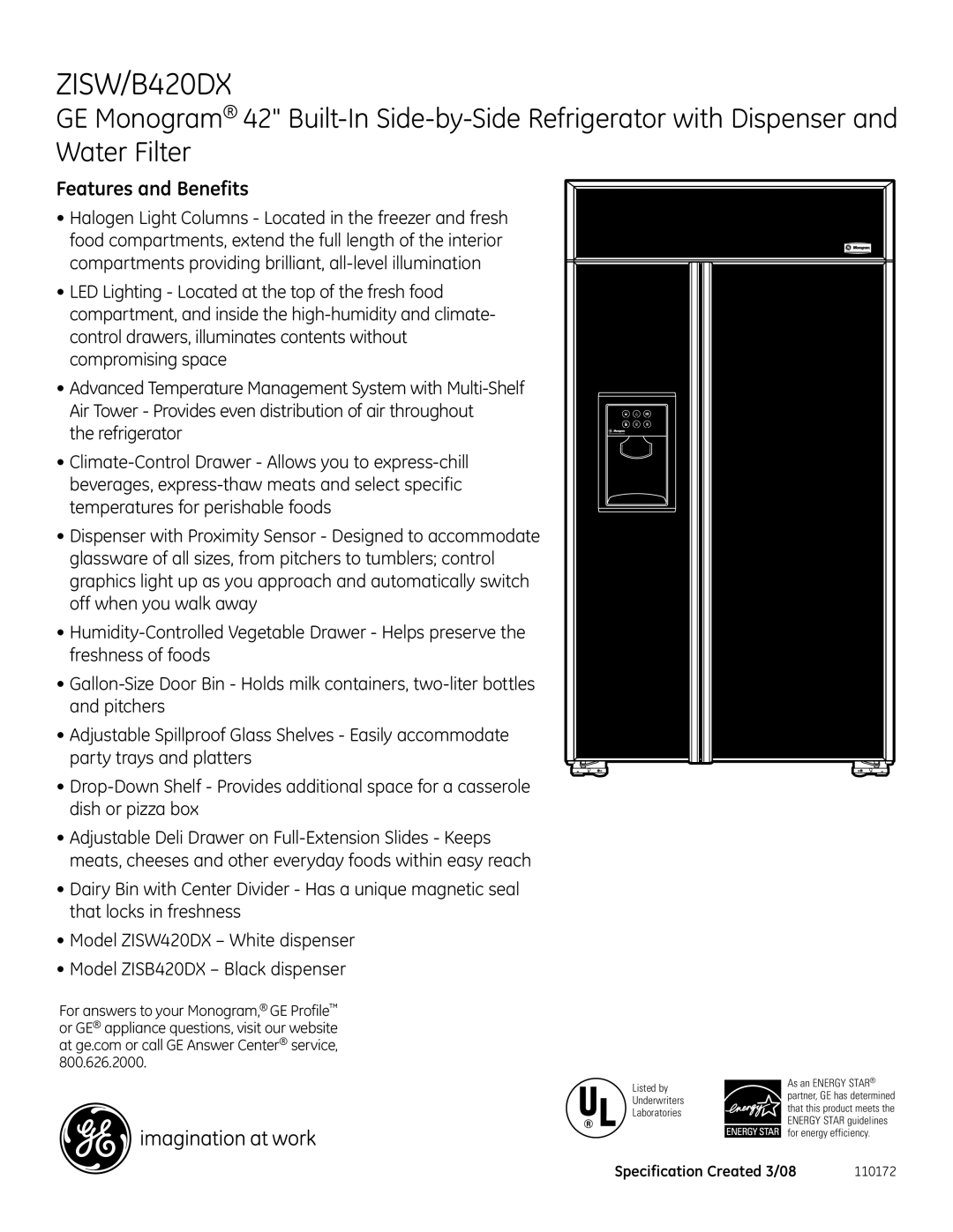 GE B420DX, ZISW dimensions Features and Benefits 