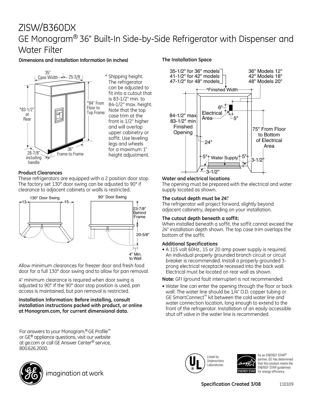 GE ZISW360DX dimensions Product Clearances, Water and electrical locations, Cutout depth must be 