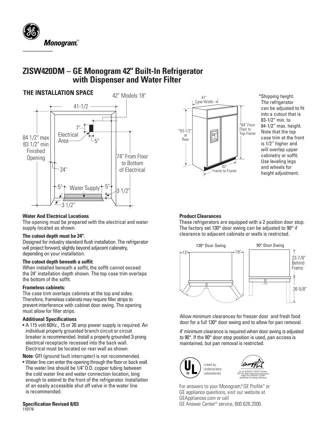 GE ZISW420DM specifications Water And Electrical Locations, Cutout depth must be, Cutout depth beneath a soffit 