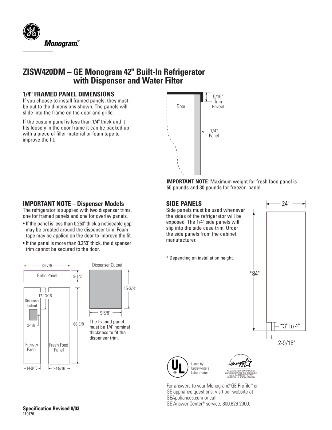 GE ZISW420DM Framed Panel Dimensions, Important Note Dispenser Models, Side Panels, Specification Revised 8/03 