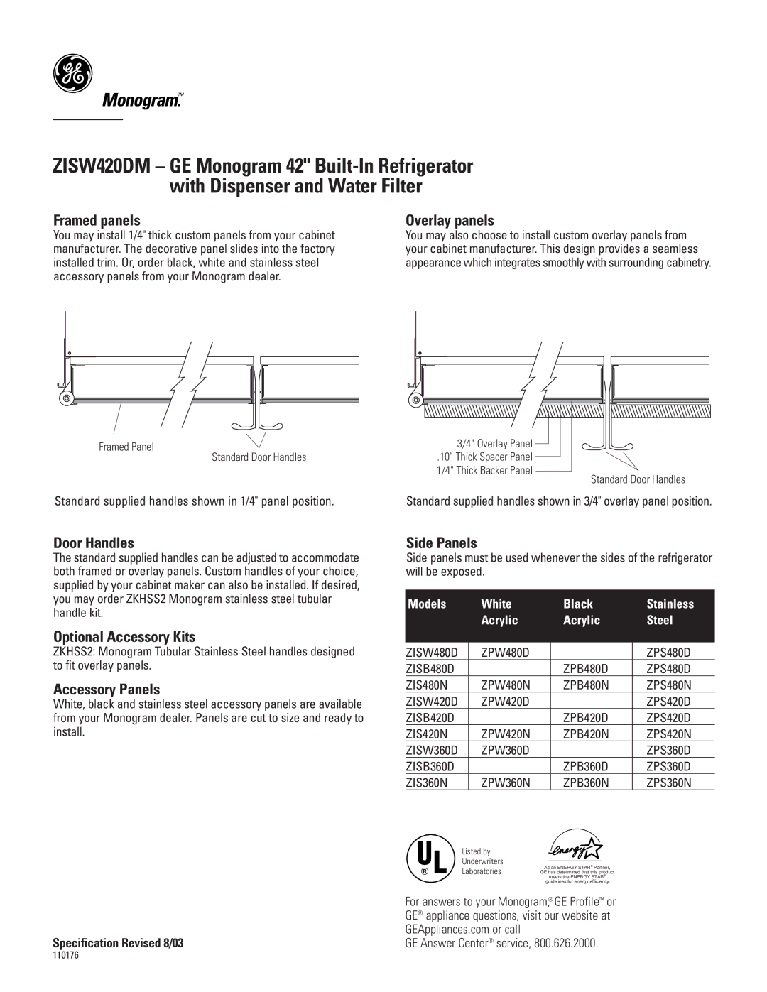 GE ZISW420DM Framed panels, Overlay panels, Door Handles, Optional Accessory Kits, Accessory Panels, Side Panels 