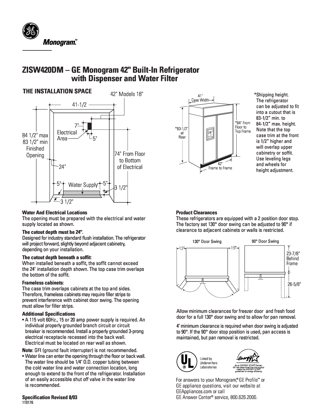 GE ZISW420DM specifications Monogram, The Installation Space, Water And Electrical Locations, The cutout depth must be 