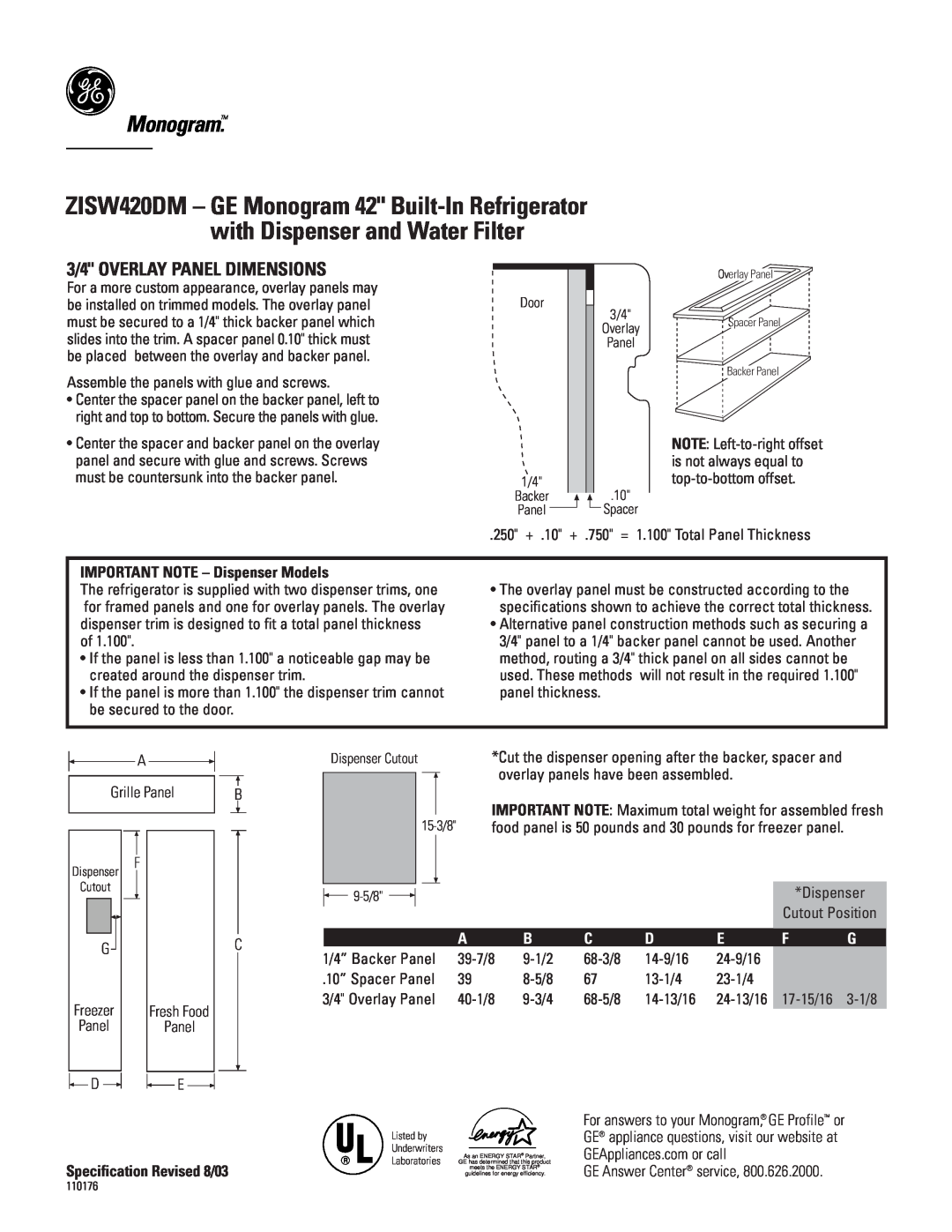 GE ZISW420DM Monogram, 3/4 OVERLAY PANEL DIMENSIONS, IMPORTANT NOTE - Dispenser Models, Specification Revised 8/03 