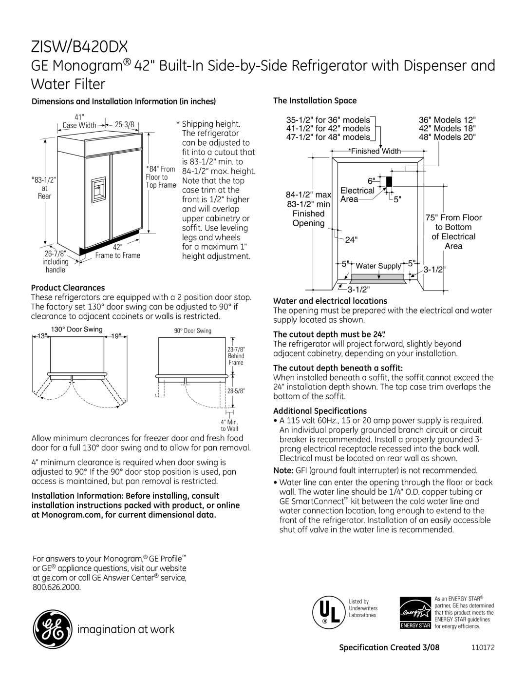 GE ZISW420DX dimensions Product Clearances, Water and electrical locations, Cutout depth must be 