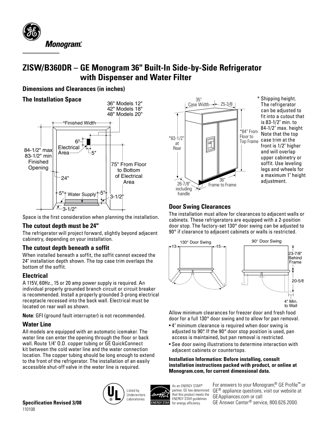 GE ZISW/B360DR dimensions Dimensions and Clearances in inches, Cutout depth must be, Door Swing Clearances, Electrical 