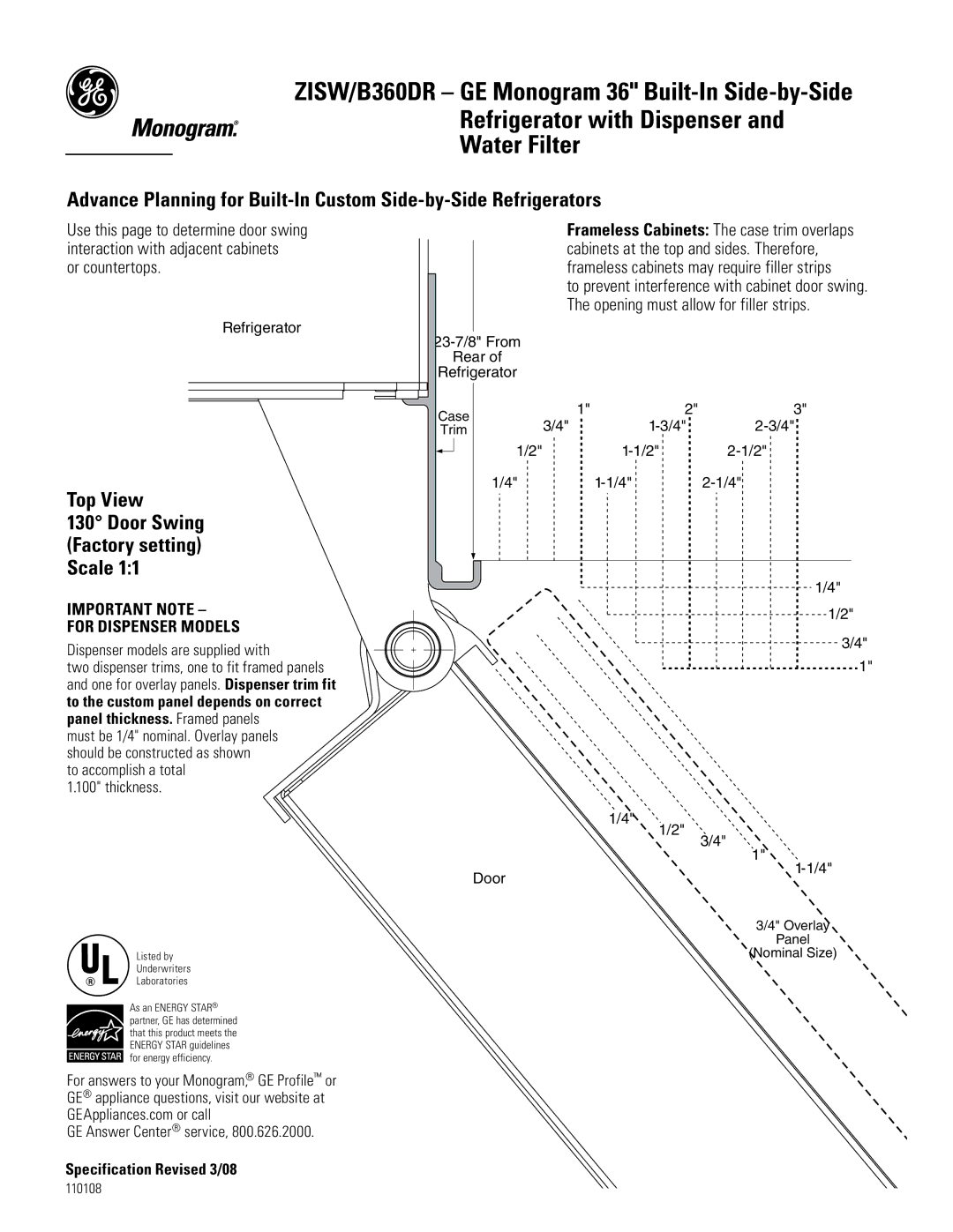 GE ZISW/B360DR dimensions Use this page to determine door swing, Interaction with adjacent cabinets, Or countertops 